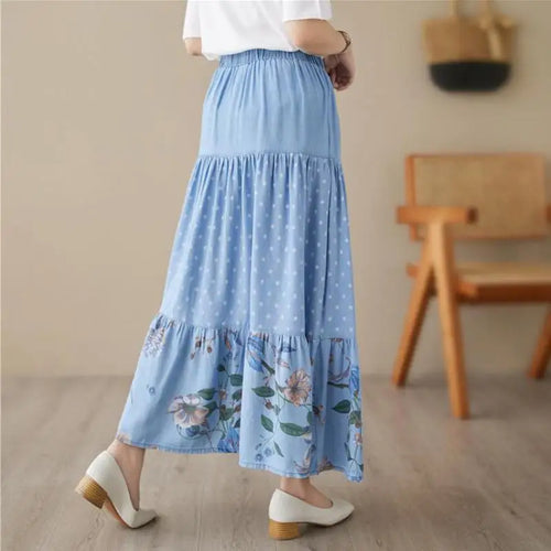 Load image into Gallery viewer, Casual Vintage Denim Skirt Floral Print A-line Pleated Long Skirts Summer Women Elegant Holiday Clothes Elastic Waist Midi Skirt
