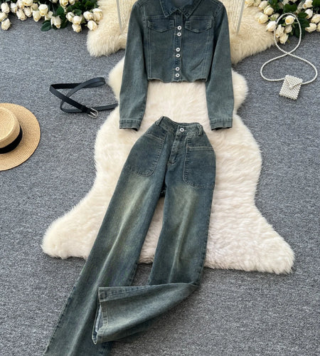 Autumn Women Vintage Blue Denim Single Breasted Lapel Long Sleeve Tops Coat And High Waist Wide Leg Jeans Trousers Two-piece Set