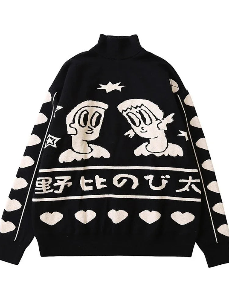 Women's Cartoon Embroidery Knitted Sweaters And Pullovers Winter Thick Girls Knit Jumpe Harajuku Sweater Jacquard