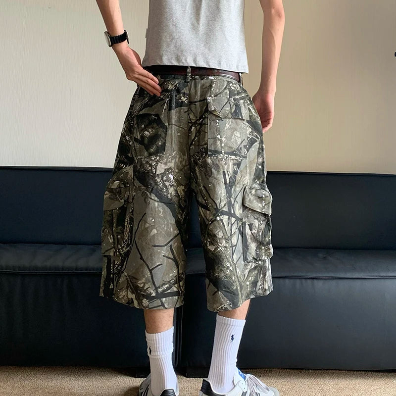 American Style Camouflage Workwear Cropped Pants Summer New Leg Length Loose Contrast Color Male Trousers 24E1040