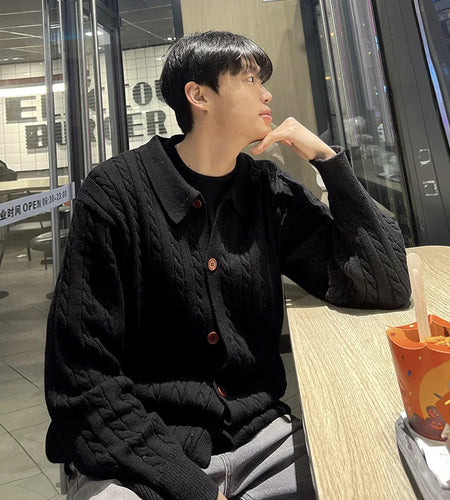 Solid Color Men's Sweaters Lapel Knitting Korean Style Single Breasted Twisted Casual Male Cardigan Spring Menswear 9W1231