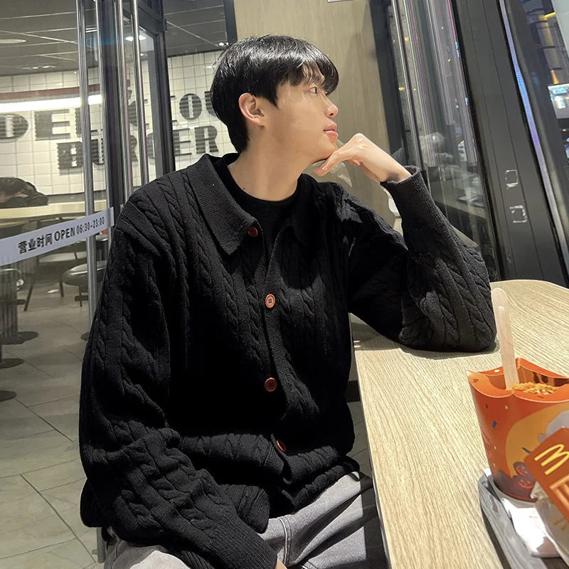 Solid Color Men's Sweaters Lapel Knitting Korean Style Single Breasted Twisted Casual Male Cardigan Spring Menswear 9W1231