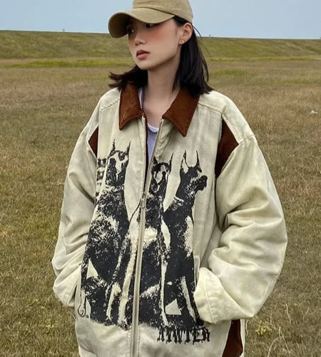 Y2k Aesthetic Cartoon Printing Coat Women Vintage Turn Down Collar Casual Patchwork Tops 2025 Harajuku Oversized Pocket Jacket