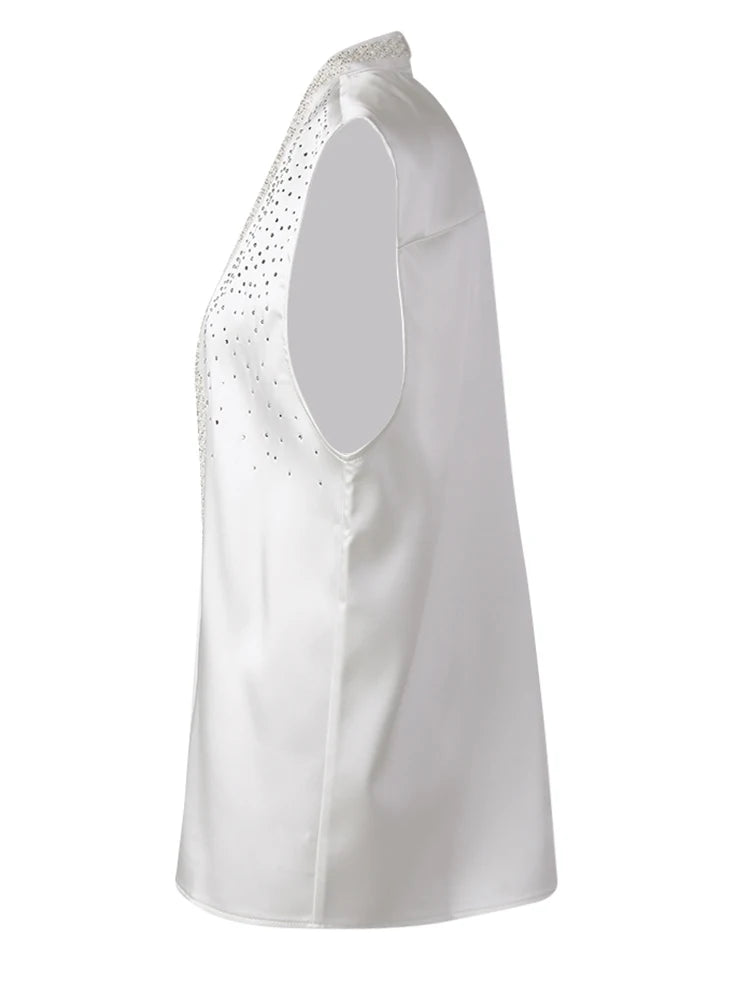 Women Pearl Nailed Rhinestones Elegant Big Size Blouse New V-neck Sleeveless Shirt Fashion Tide Spring Summer 2025 CPG306
