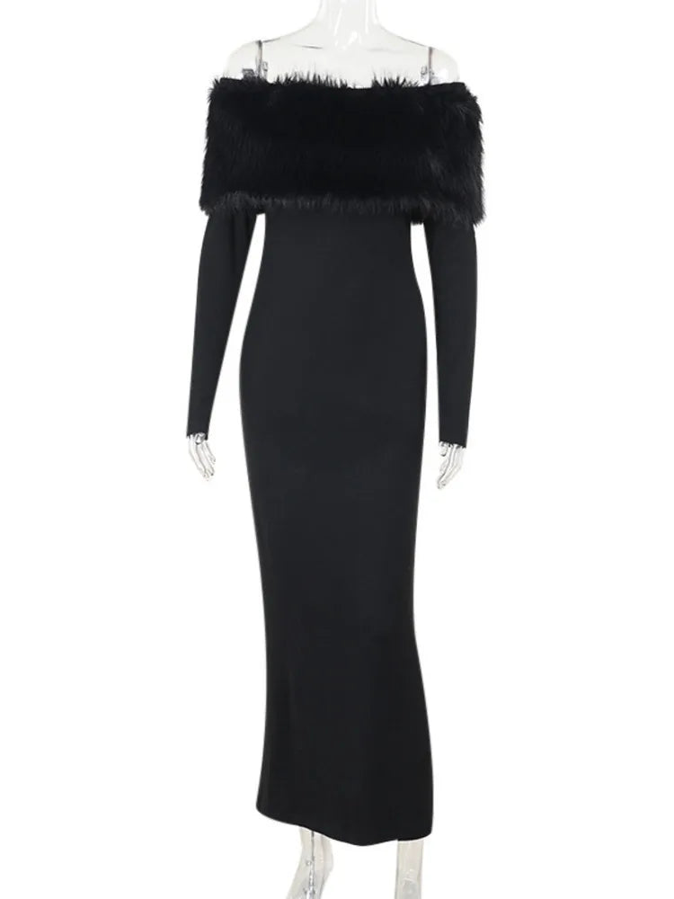 Elegant One Shoulder Hairy Long Sleeve Elastic Tight Dress For Women Spring New 2025 Slimming Party Club Evening Dress