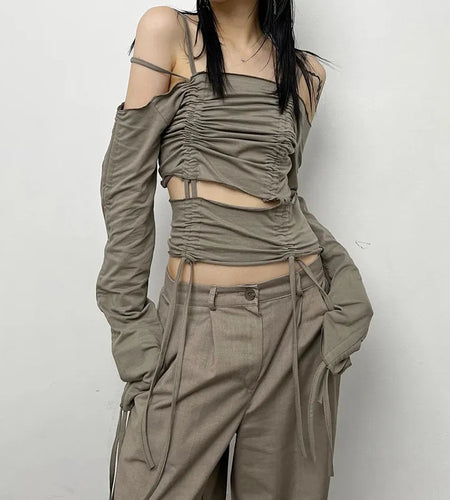 Grunge Drawstring Autumn T-shirts for Women Shirring Off Shoulder Top Streetwear Cut Out Design Tees Shirt Folds