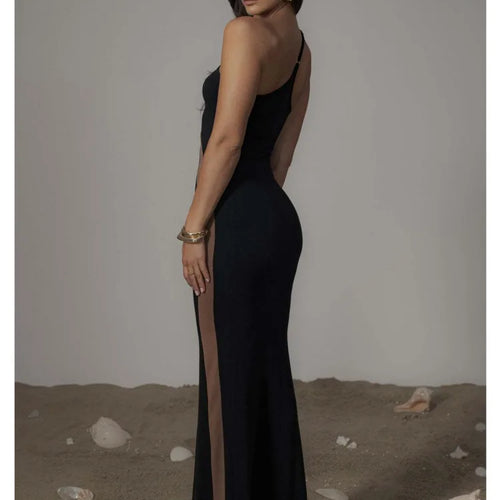 Load image into Gallery viewer, Elegant One Shoulder Mesh Patchwork Long Dress Women Bodycon Sexy Backless Evening Dress Tight Party Club Vestidos 2024
