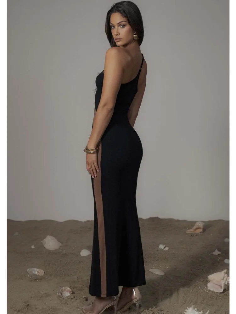 Elegant One Shoulder Mesh Patchwork Long Dress Women Bodycon Sexy Backless Evening Dress Tight Party Club Vestidos 2024