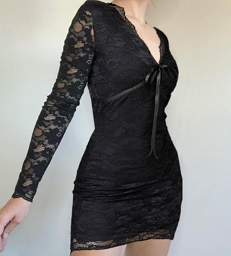 Fashion Black Lace Hook Floral V-Neck Slimming Dress Women' s Lace-Up Long Sleeves Short Dresses Spring Outfits New