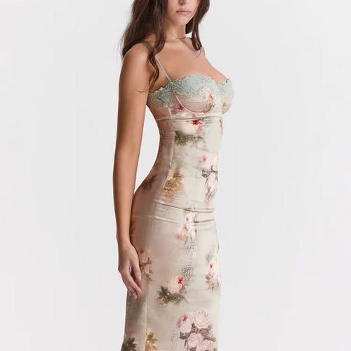 Load image into Gallery viewer, Spaghetti Strap Lace Print Midi Dress For Women Robe Strapless Backless High Waist Bodycon Club Party Long Dress
