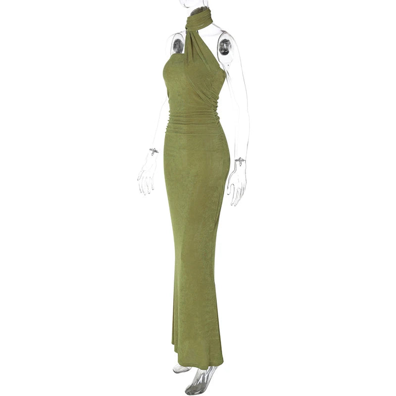 Halter Strapless Sexy Maxi Dress For Women Fashion Green Off-shoulder Backless Sleeveless Bodycon Elegant Long Dress