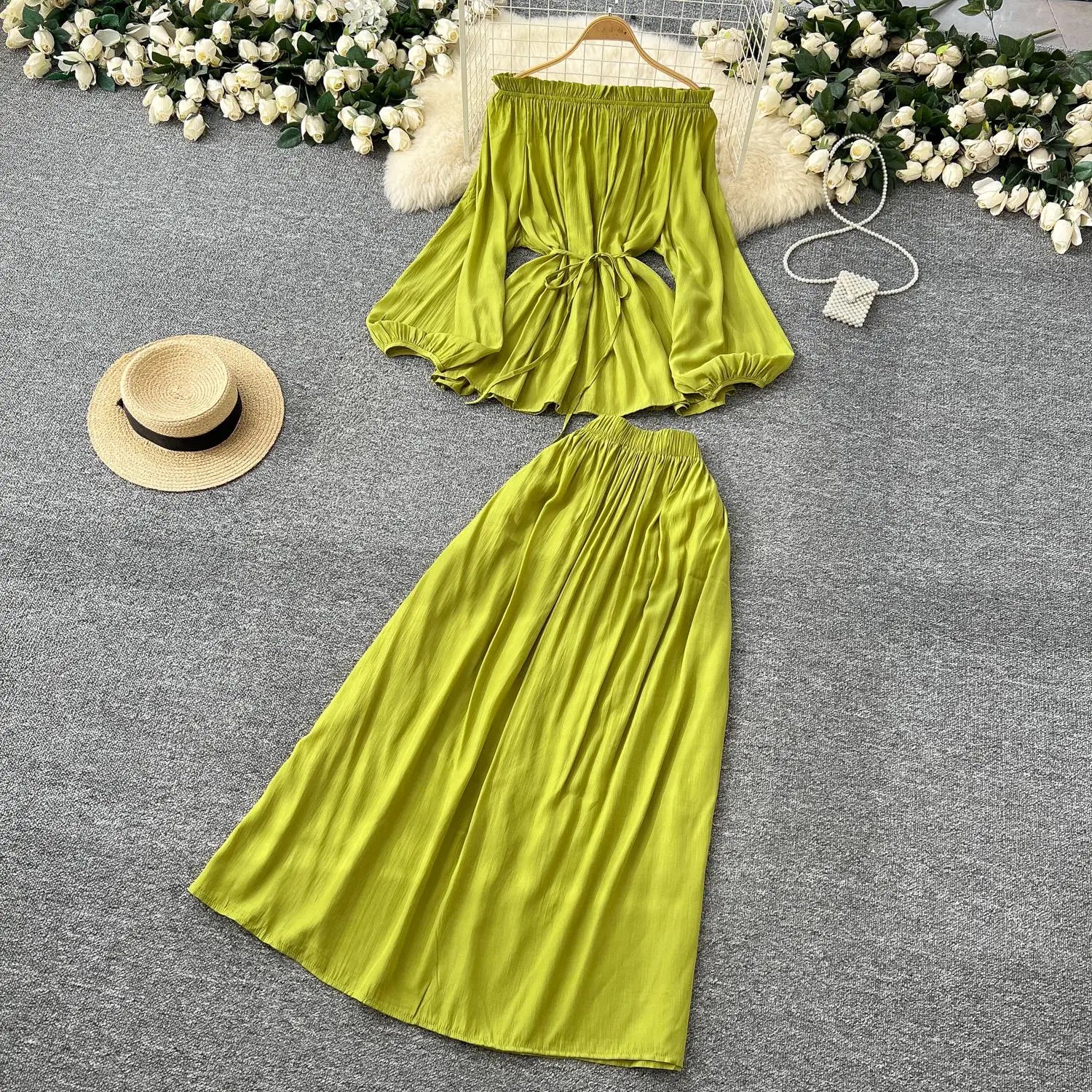 French Retro 2025 Women Solid Off Shoulder Elegant Lace-up Pleated Tops+ High Waist Party Long Skirt Spring Autumn Two Piece Set