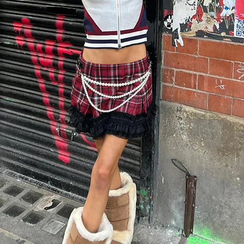 Load image into Gallery viewer, Vintage Y2K Red Plaid Skirt Low Waist England Style Lace Patched Pearls Harajuku Preppy Style Mini Skirt Girls Hottie
