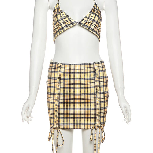 Load image into Gallery viewer, Fashion 3-Piece Set Women Mini v-Neck Buttons Blouse+Plaid Halter Bra+Shirring Tassel Skirts Street Hottie Sexy Suits
