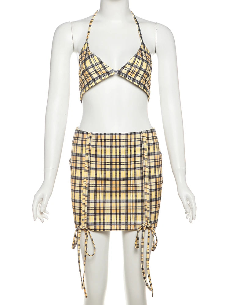 Fashion 3-Piece Set Women Mini v-Neck Buttons Blouse+Plaid Halter Bra+Shirring Tassel Skirts Street Hottie Sexy Suits