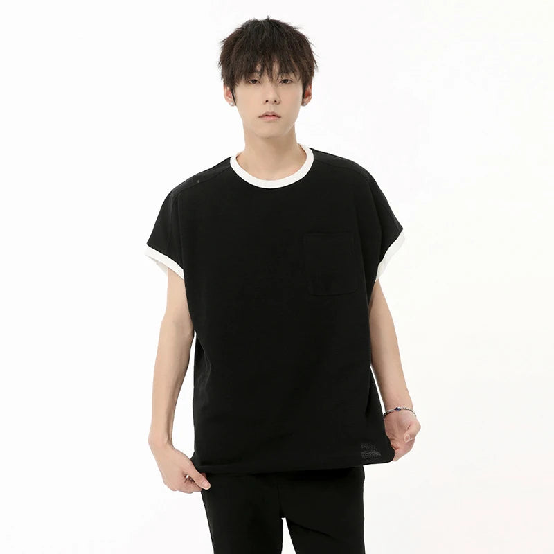 Niche Style Men's T-shirts Patchwork Contrast Color Pocket Tees Round Neck Short Sleeve Male Loose Tops Simple 2024 9C6578