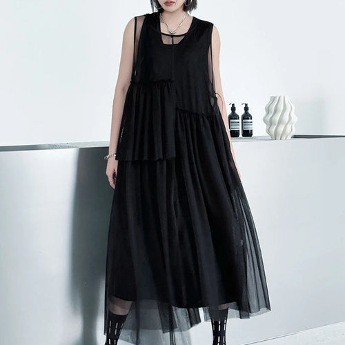 Load image into Gallery viewer, Women Black Khaki Mesh Perspctive Big Size Long Dress New Round Neck Sleeveless Fashion Tide Spring Autumn 2025  1DJ1064
