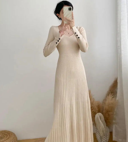Women Autumn Beige Elegant Knit Long Dress Square V Neck Slim Bodycon Sweater Dress Winter Black Long Sleeves Dresses New French