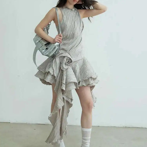 Load image into Gallery viewer, Women Gray Three-dimensional Flower Ruffles Mini Dress New Round Neck Sleeveless Fashion Tide Spring Summer 2025  1DJ0678
