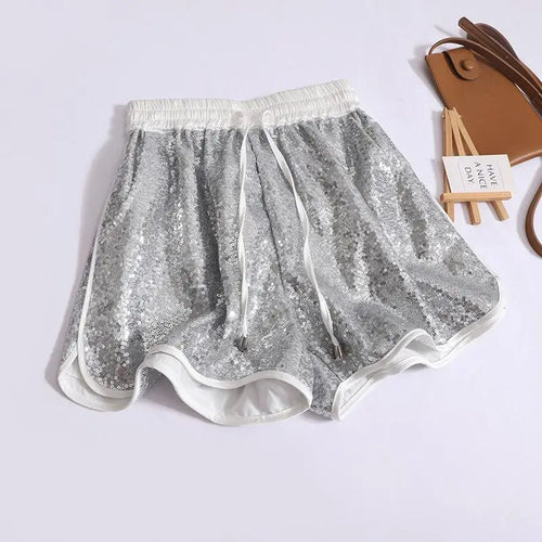 Load image into Gallery viewer, Vintage Women&#39;s Silver Sequin Drawstring Lace-up Shorts Summer High Waist Fashion Black Wide Leg Short Pants Versatile Sexy Club
