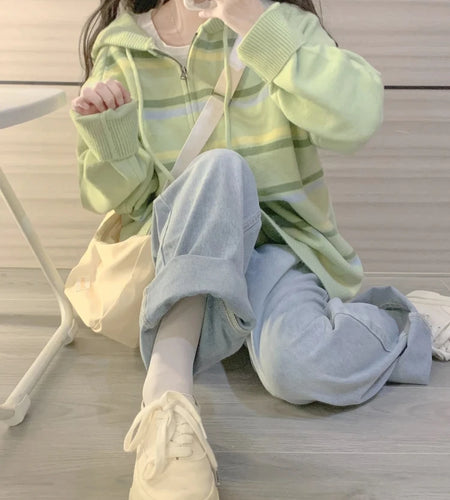 Y2k Aesthetic Stripe Hoodes Cardigans Double Zipper Women Casual Knitwear Harajuku Ladies Jacket Vintage Loose Grunge Sweater