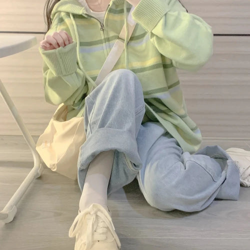 Load image into Gallery viewer, Y2k Aesthetic Stripe Hoodes Cardigans Double Zipper Women Casual Knitwear Harajuku Ladies Jacket Vintage Loose Grunge Sweater
