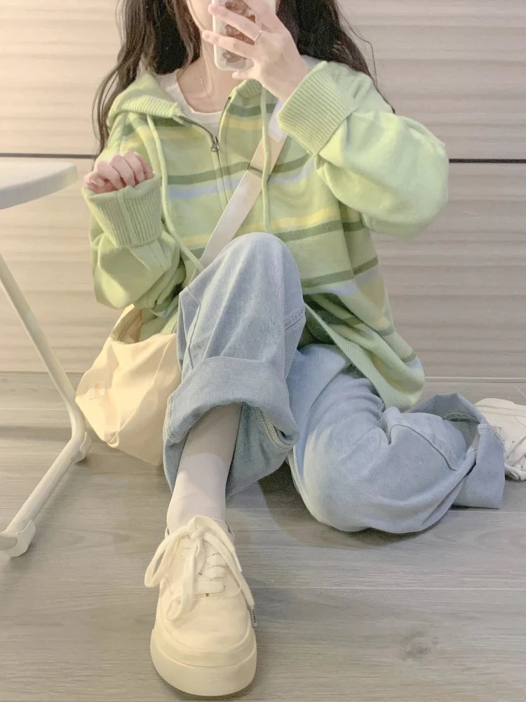 Y2k Aesthetic Stripe Hoodes Cardigans Double Zipper Women Casual Knitwear Harajuku Ladies Jacket Vintage Loose Grunge Sweater