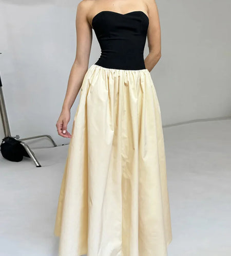 Patchwork Off-shoulder Sexy Maxi Dress For Women Contrasting Color Strapless Sleeveless Backless Lace-up Sexy Dress