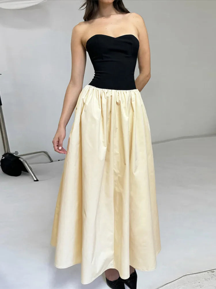 Patchwork Off-shoulder Sexy Maxi Dress For Women Contrasting Color Strapless Sleeveless Backless Lace-up Sexy Dress