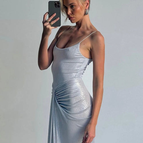 Load image into Gallery viewer, Sliver Spaghetti Strap Sexy Maxi Dress For Women Fashion Sparkle Sleeveless Backless Ruched Beach Club Sexy Long Dress

