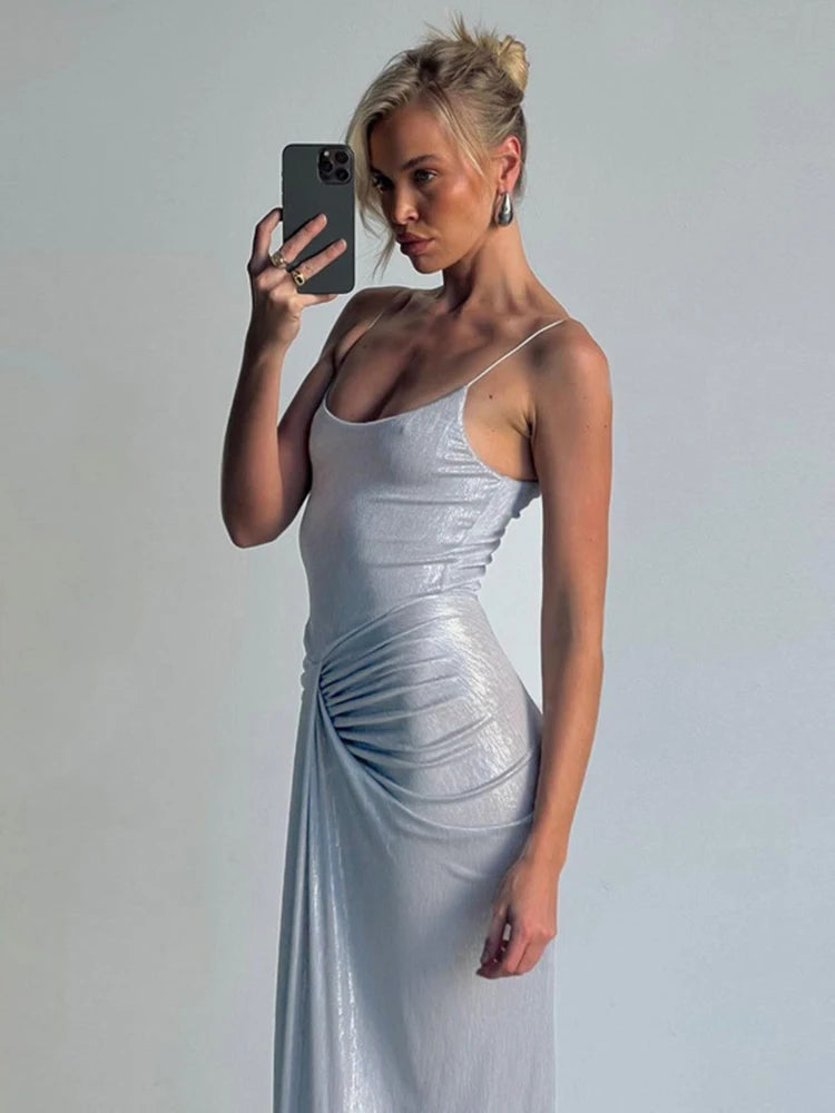 Sliver Spaghetti Strap Sexy Maxi Dress For Women Fashion Sparkle Sleeveless Backless Ruched Beach Club Sexy Long Dress