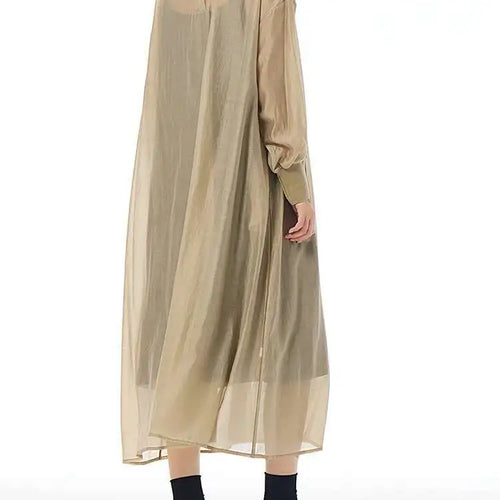 Load image into Gallery viewer, Women Khaki Mesh Perspective Big Size Thin Dress New Round Neck Long Sleeve Fashion Tide Spring Autumn 2025 1DH7412
