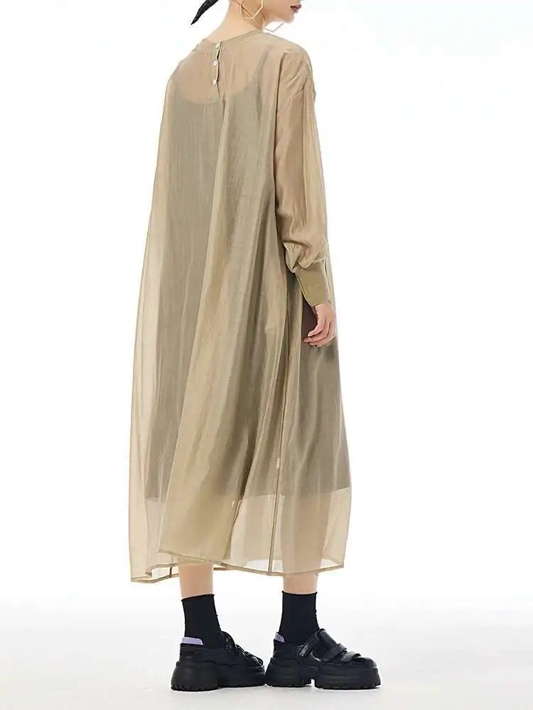 Women Khaki Mesh Perspective Big Size Thin Dress New Round Neck Long Sleeve Fashion Tide Spring Autumn 2025 1DH7412