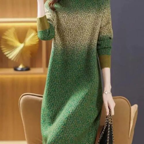 Load image into Gallery viewer, Green Gradient Loose Oversized Midi Knitted Dress Women Red Patchwork Long Sleeve Autumn Winter Thick Temperament Sweater Dress

