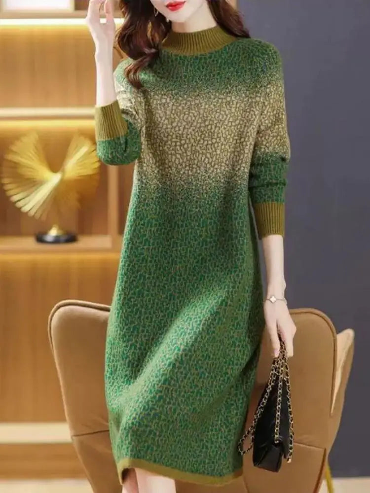 Green Gradient Loose Oversized Midi Knitted Dress Women Red Patchwork Long Sleeve Autumn Winter Thick Temperament Sweater Dress