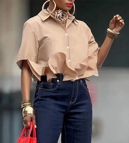 Cotton Ruffled Shirts for Women Summer Fall Lapel Short Sleeve Blouse Simple Button Woman Business Casual Tops