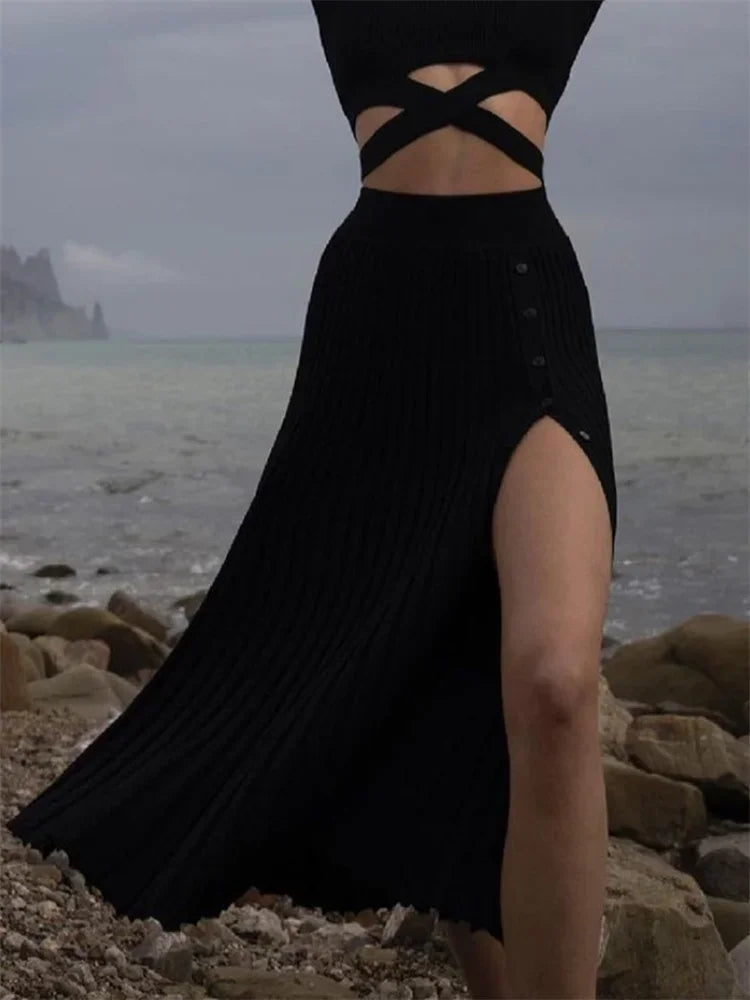 White Knit Two Piece Women Sets Fall Ribbed Crop Top And Pleated Knitted Skirt Suits For Women Midi Dress Sets 2022