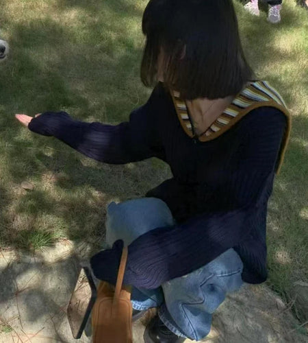 Stripe Sailor Collar Harajuku Sweaters Y2k Aesthetic Contrast Color Casual Vintage Pullovers Oversized Grunge Knitwear Women