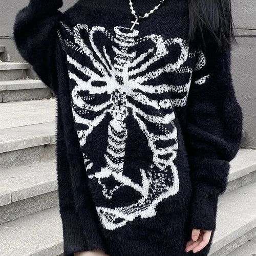 Load image into Gallery viewer, Grunge Sweater Fashion Streetwear Y2k Aesthetic Blackpullover Skull Print Gothc Women Jumper Harajuku Loose Knitwear
