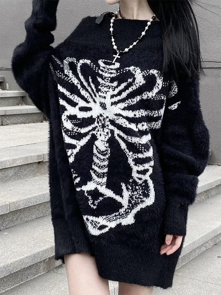 Grunge Sweater Fashion Streetwear Y2k Aesthetic Blackpullover Skull Print Gothc Women Jumper Harajuku Loose Knitwear