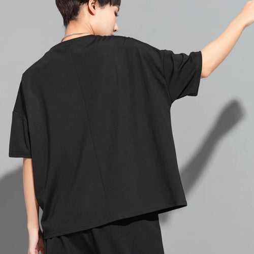 Load image into Gallery viewer, Women Black Color-block Ribbons Big Size T-shirt New Round Neck Short Sleeve Fashion Tide Spring Summer 2025 1DJ1808
