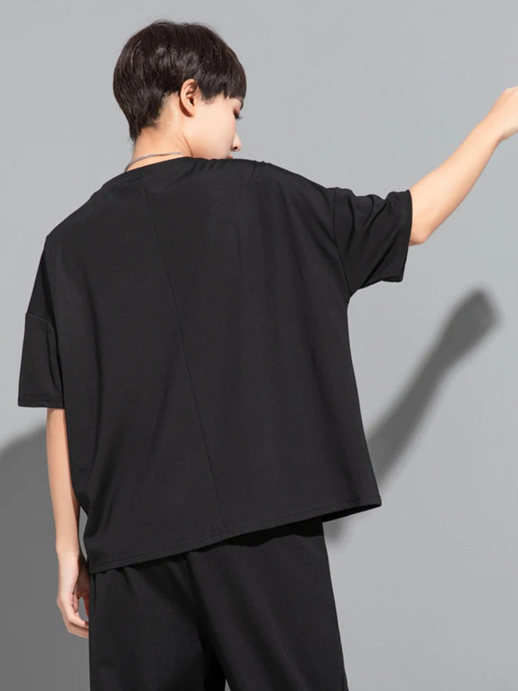 Women Black Color-block Ribbons Big Size T-shirt New Round Neck Short Sleeve Fashion Tide Spring Summer 2025 1DJ1808