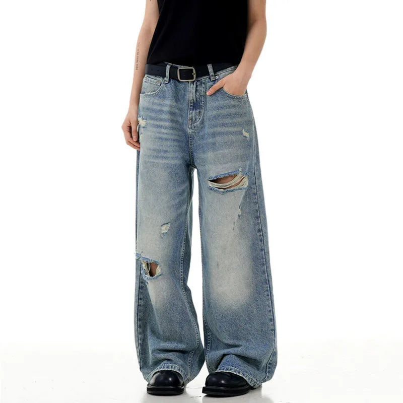 Men's Jeans Cat Whisker Ripped Deisgn Summer Hole Stylish Loose Korean Straight Wide Leg Male Casual Trousers 9W1721
