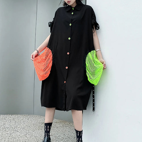 Load image into Gallery viewer, Women Black Color-block Grid Pocket Big Size Shirt Dress New Lapel Short Sleeve Fashion Tide Spring Summer 2025 1DJ1332
