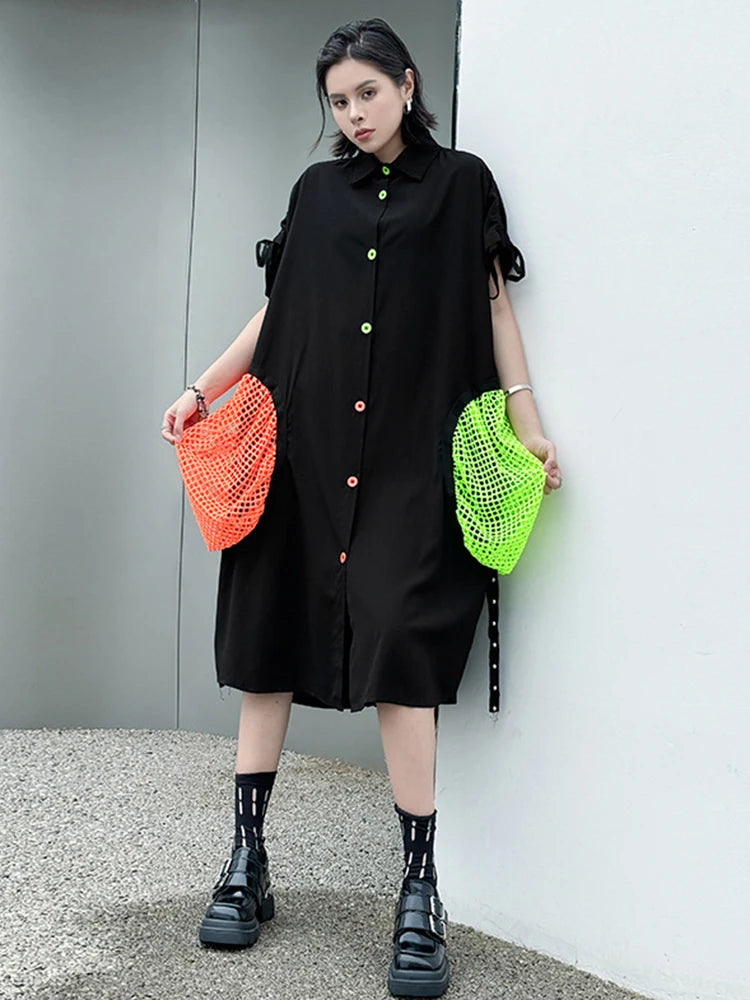 Women Black Color-block Grid Pocket Big Size Shirt Dress New Lapel Short Sleeve Fashion Tide Spring Summer 2025 1DJ1332