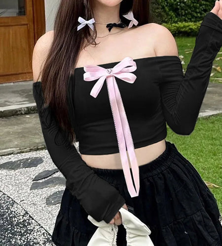 Korean Style Women Tee Shirts Slim Sweet Japanese Y2K Bow Crop Top Off Shoulder Coquette Clothing T shirt Kawaii Fall
