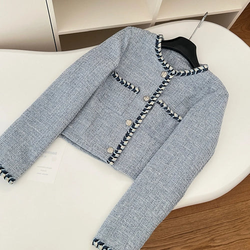 Load image into Gallery viewer, Autumn Winter New Women's Blue Patchwork Woolen Round Neck Long Sleeve Jacket French Temperament Single Breasted Short Tops Coat

