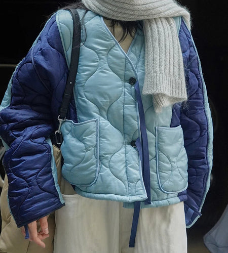 Blue Color-block Big Size Warm Cotton-padded Coat Long Sleeve Women Parkas Fashion Tide New Autumn Winter 2025 1DH2262