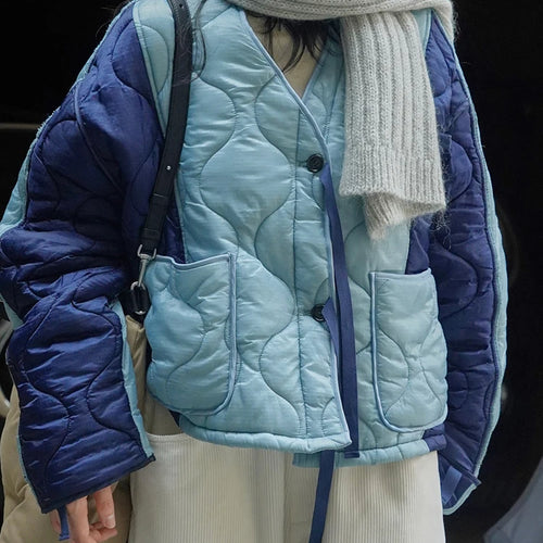 Load image into Gallery viewer, Blue Color-block Big Size Warm Cotton-padded Coat Long Sleeve Women Parkas Fashion Tide New Autumn Winter 2025 1DH2262
