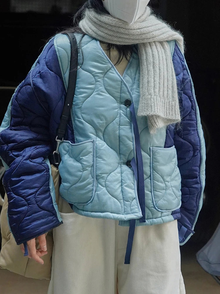 Blue Color-block Big Size Warm Cotton-padded Coat Long Sleeve Women Parkas Fashion Tide New Autumn Winter 2025 1DH2262